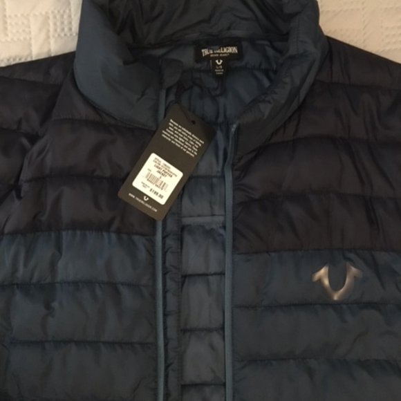 TRUE RELIGION MENS LIGHT PUFFER JACKETS - LG - GREEN/NAVY - Picture 1 of 3
